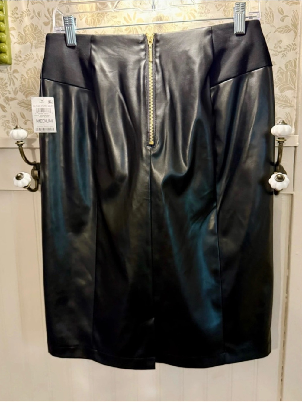INC International Concepts Black Faux Leather Skirt with Gold Zip